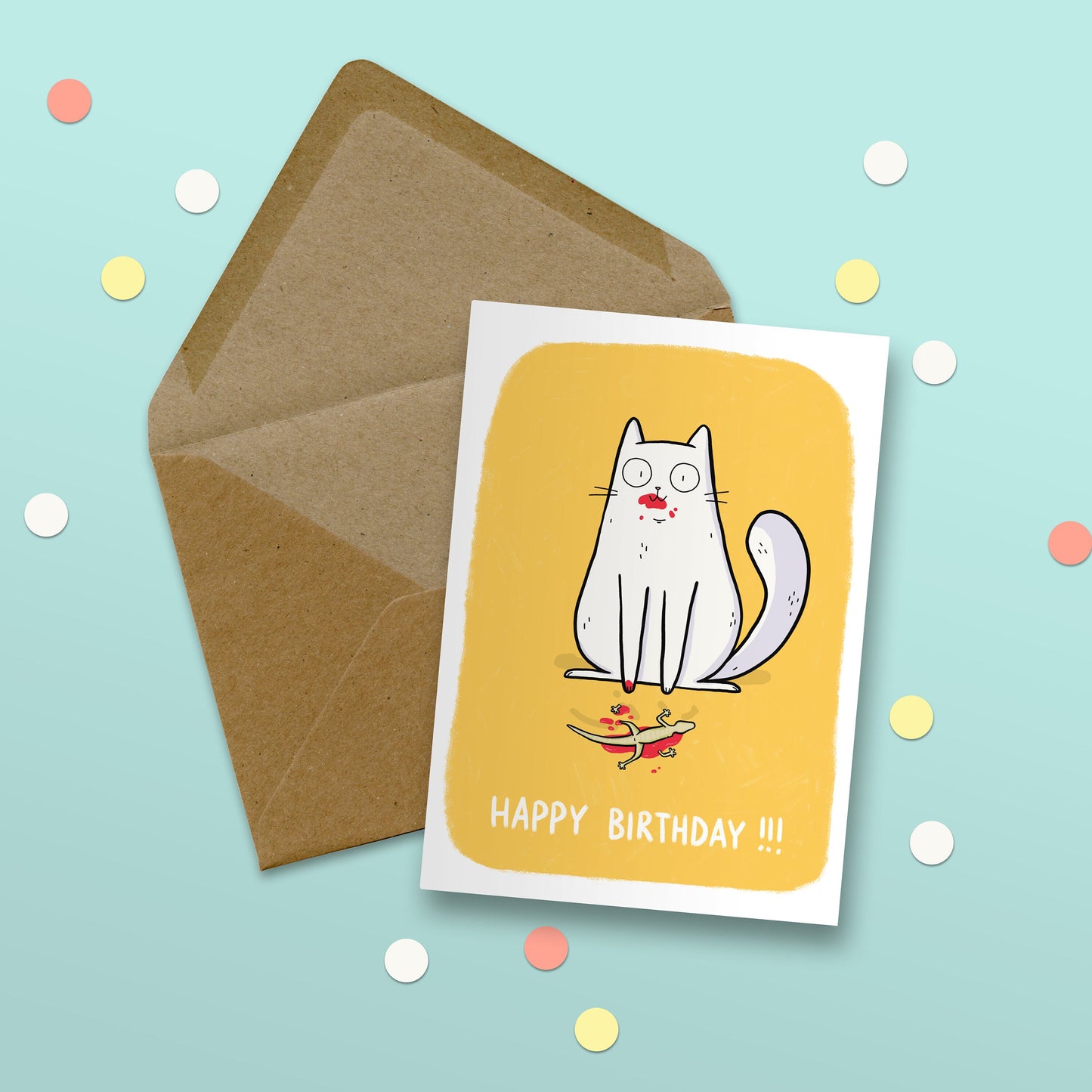 Happy Birthday Card, Cat And Dead Lizard Greeting Card, Cat Card, Funny Birthday Card